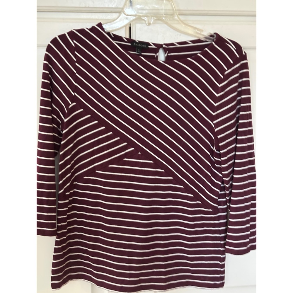 Talbots Womens Burgundy White Striped Long Sleeve Keyhole Back Top Large